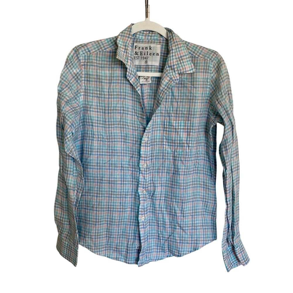Frank & Eileen 100% Linen Plaid Preppy Chic Casual Long Sleeve Button Down